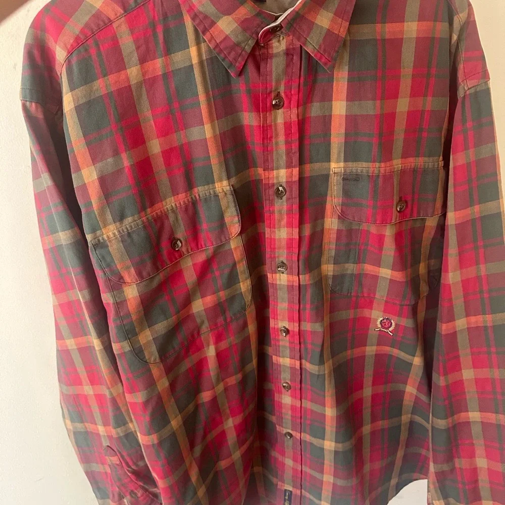 Vintage 90s Tommy Hilfiger Shirt Men Large Denim Plaid Red Button Down Shirt L - Picture 7 of 7